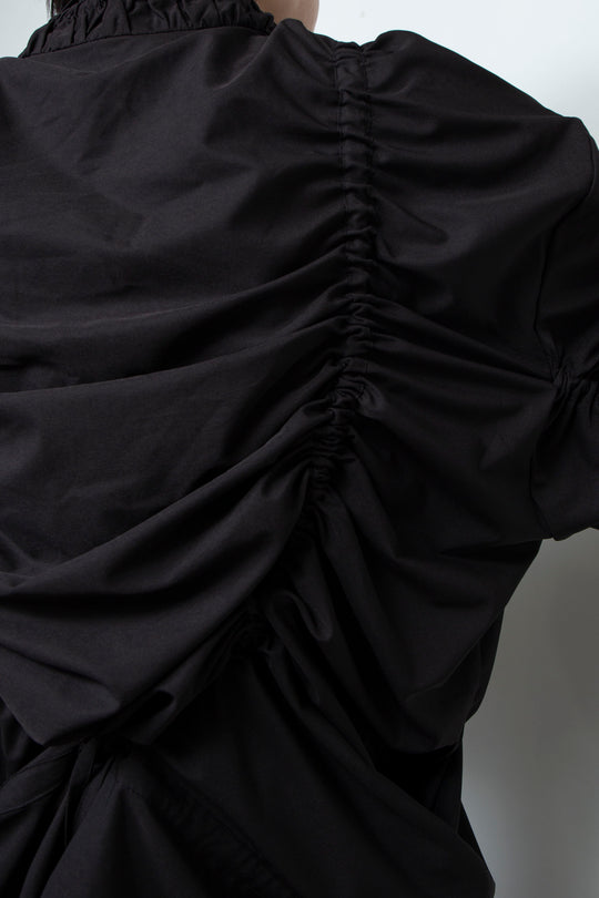 BLACK OVERSIZED GATHERED DRAWSTRINGS ZIP UP JACKET