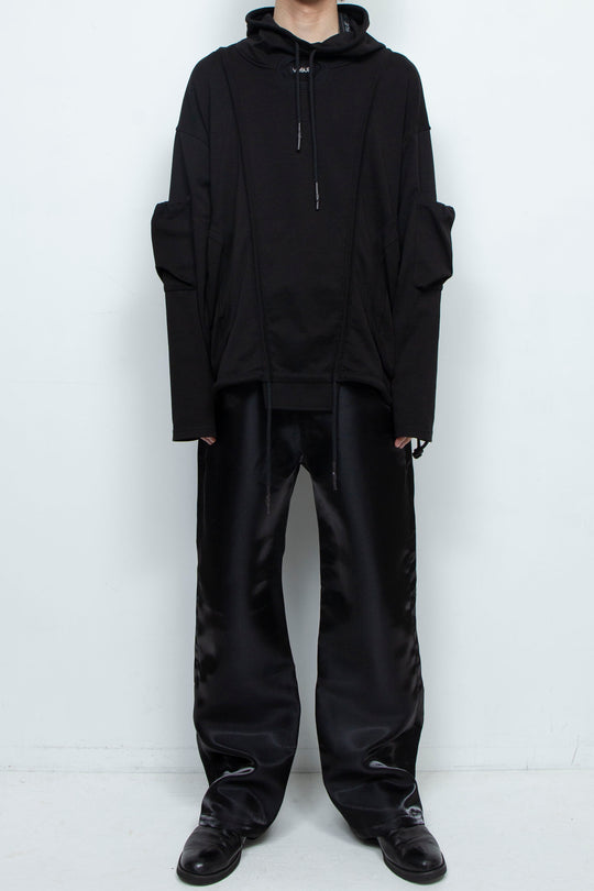 BLACK OVERSIZED HOODED GATHERED DRAWSTRINGS SWEATSHIRT
