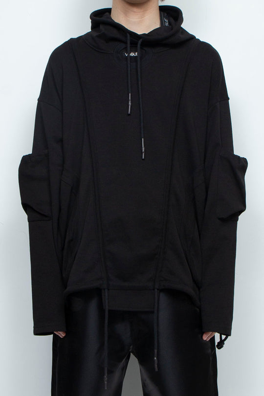 BLACK OVERSIZED HOODED GATHERED DRAWSTRINGS SWEATSHIRT