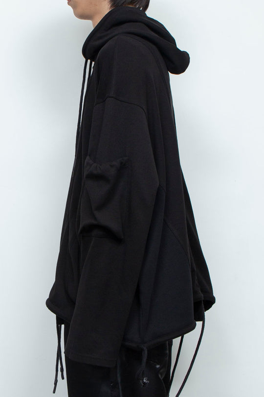 BLACK OVERSIZED HOODED GATHERED DRAWSTRINGS SWEATSHIRT