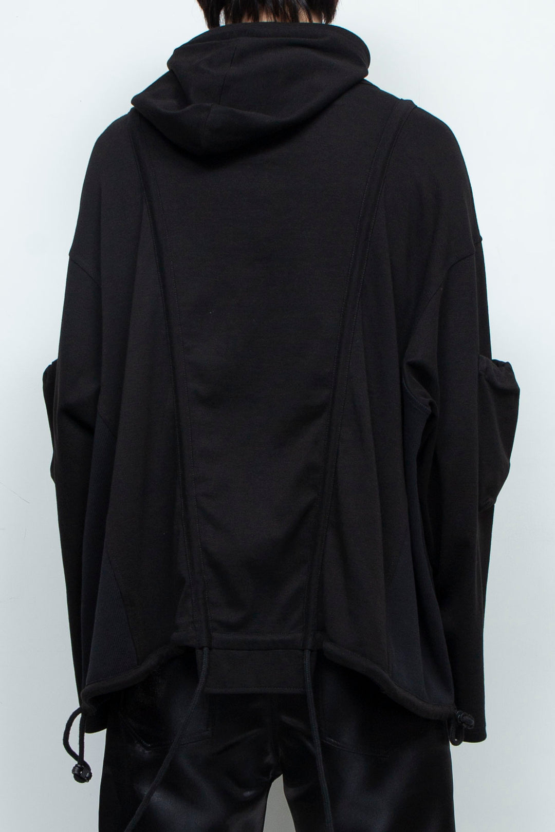 BLACK OVERSIZED HOODED GATHERED DRAWSTRINGS SWEATSHIRT