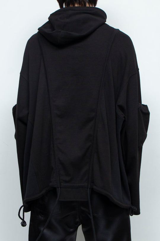 BLACK OVERSIZED HOODED GATHERED DRAWSTRINGS SWEATSHIRT