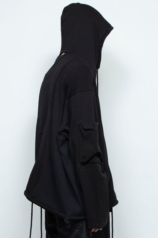 BLACK OVERSIZED HOODED GATHERED DRAWSTRINGS SWEATSHIRT
