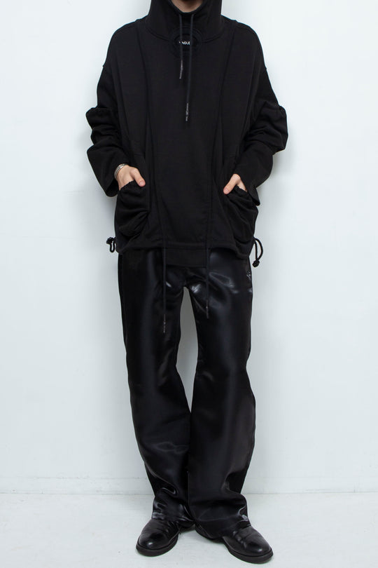 BLACK OVERSIZED HOODED GATHERED DRAWSTRINGS SWEATSHIRT