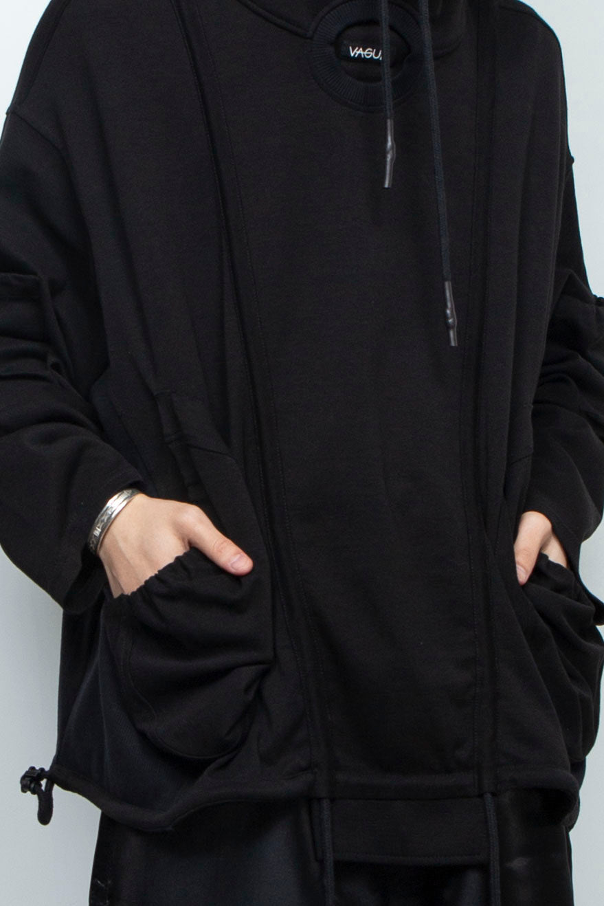 BLACK OVERSIZED HOODED GATHERED DRAWSTRINGS SWEATSHIRT