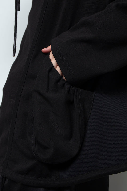 BLACK OVERSIZED HOODED GATHERED DRAWSTRINGS SWEATSHIRT