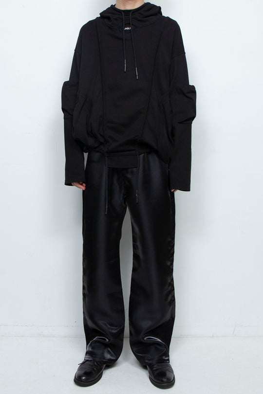 BLACK OVERSIZED HOODED GATHERED DRAWSTRINGS SWEATSHIRT