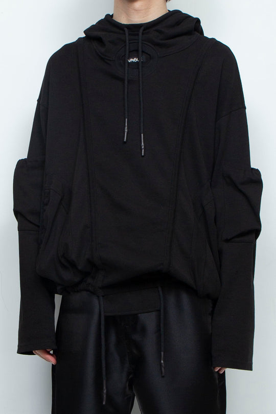 BLACK OVERSIZED HOODED GATHERED DRAWSTRINGS SWEATSHIRT