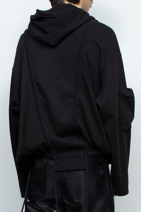 BLACK OVERSIZED HOODED GATHERED DRAWSTRINGS SWEATSHIRT