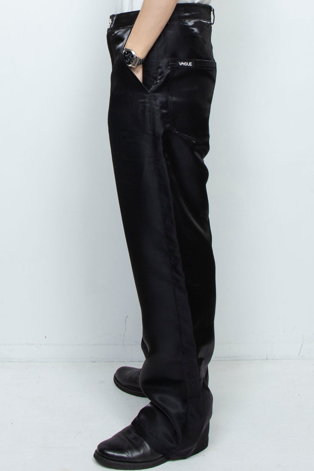 BLACK LIQUID METAL STRAIGHT LEG TROUSERS