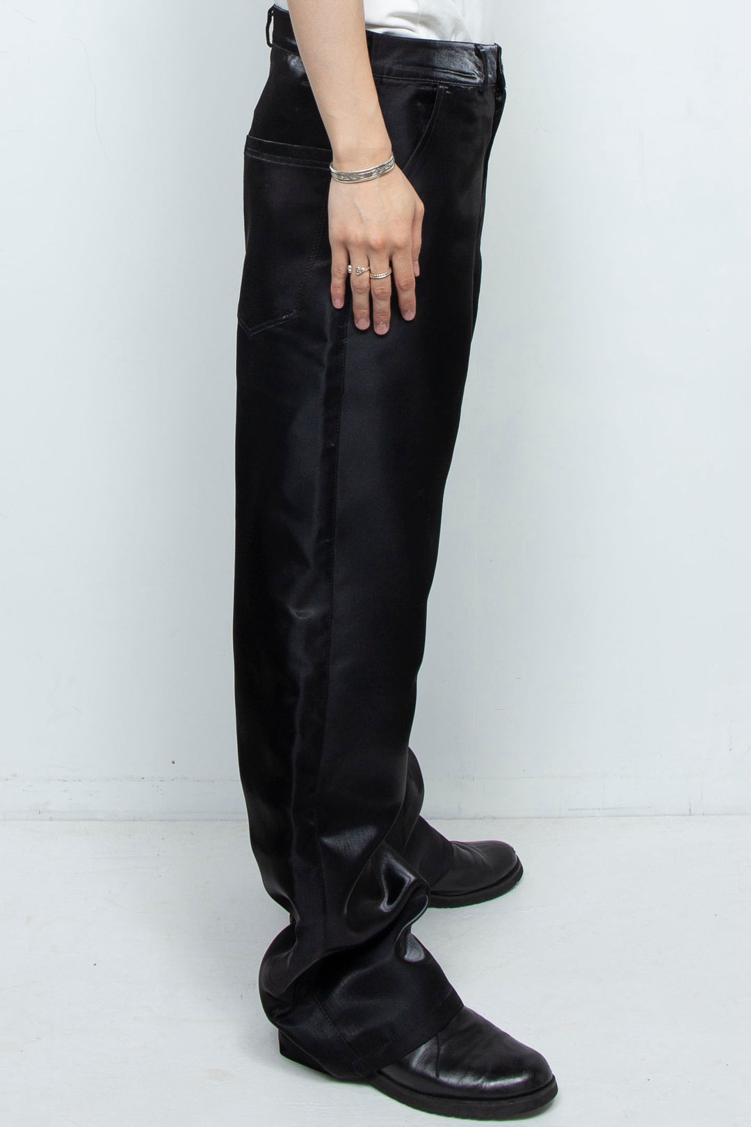 BLACK LIQUID METAL STRAIGHT LEG TROUSERS