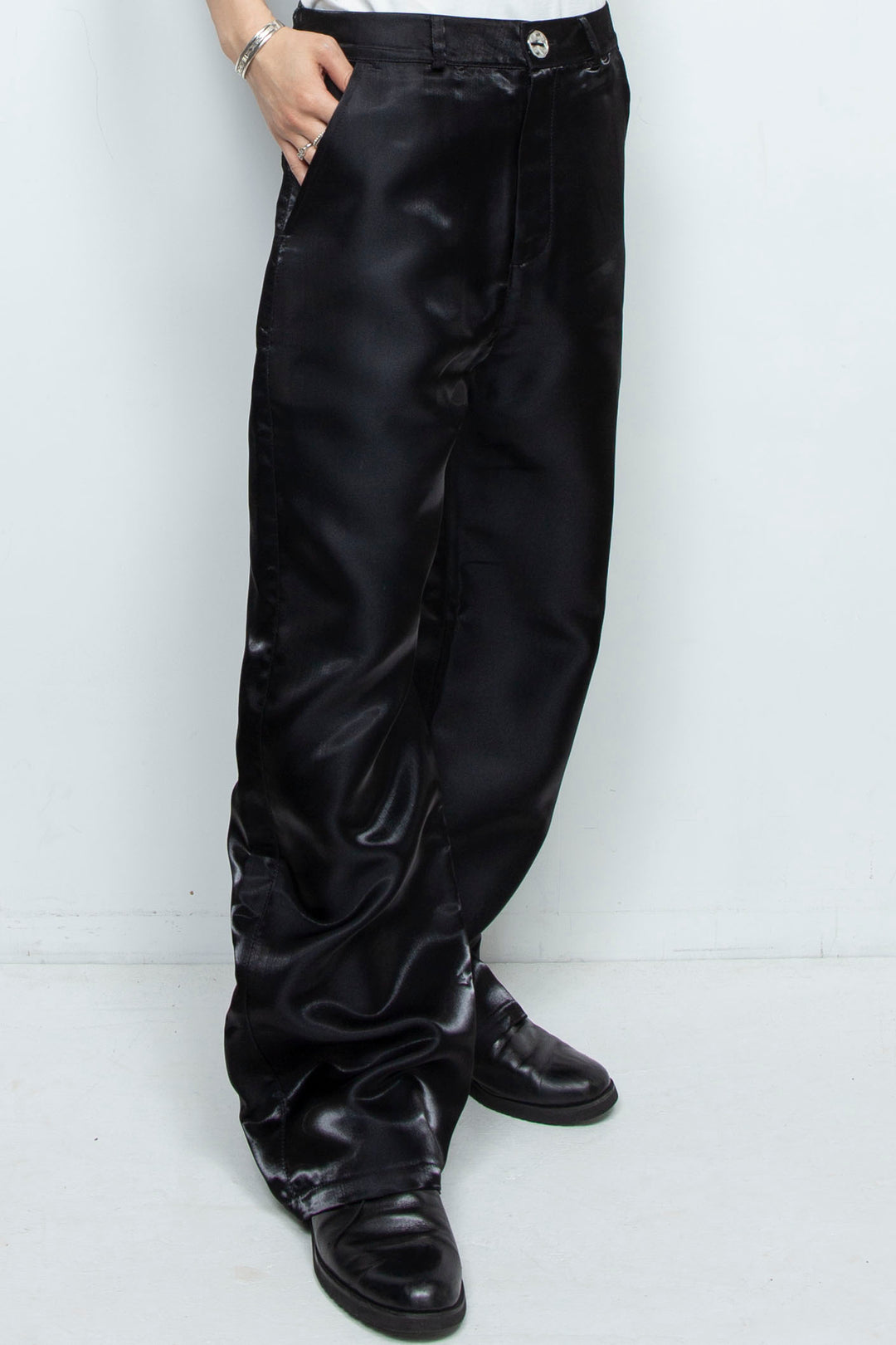 BLACK LIQUID METAL STRAIGHT LEG TROUSERS