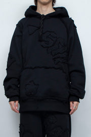 Multi-pattern raw edge sweat hoodie BLACK