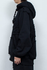 Multi-pattern raw edge sweat hoodie BLACK