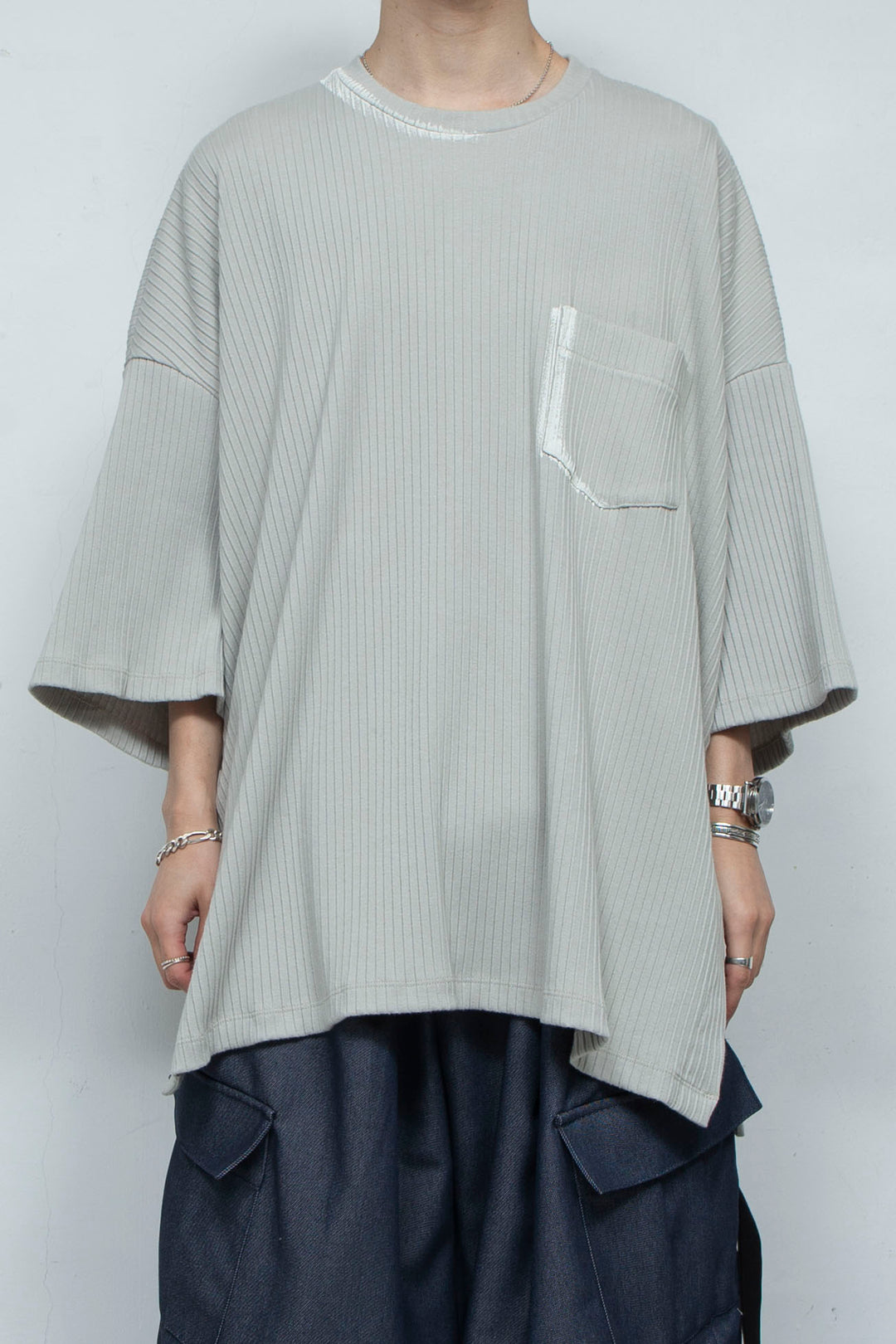 Hand Painted Pleated Rib Knit Side Vent T-shirt SAND