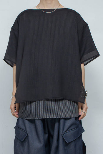 Boat Neck Faux Layered Pullover BLACK