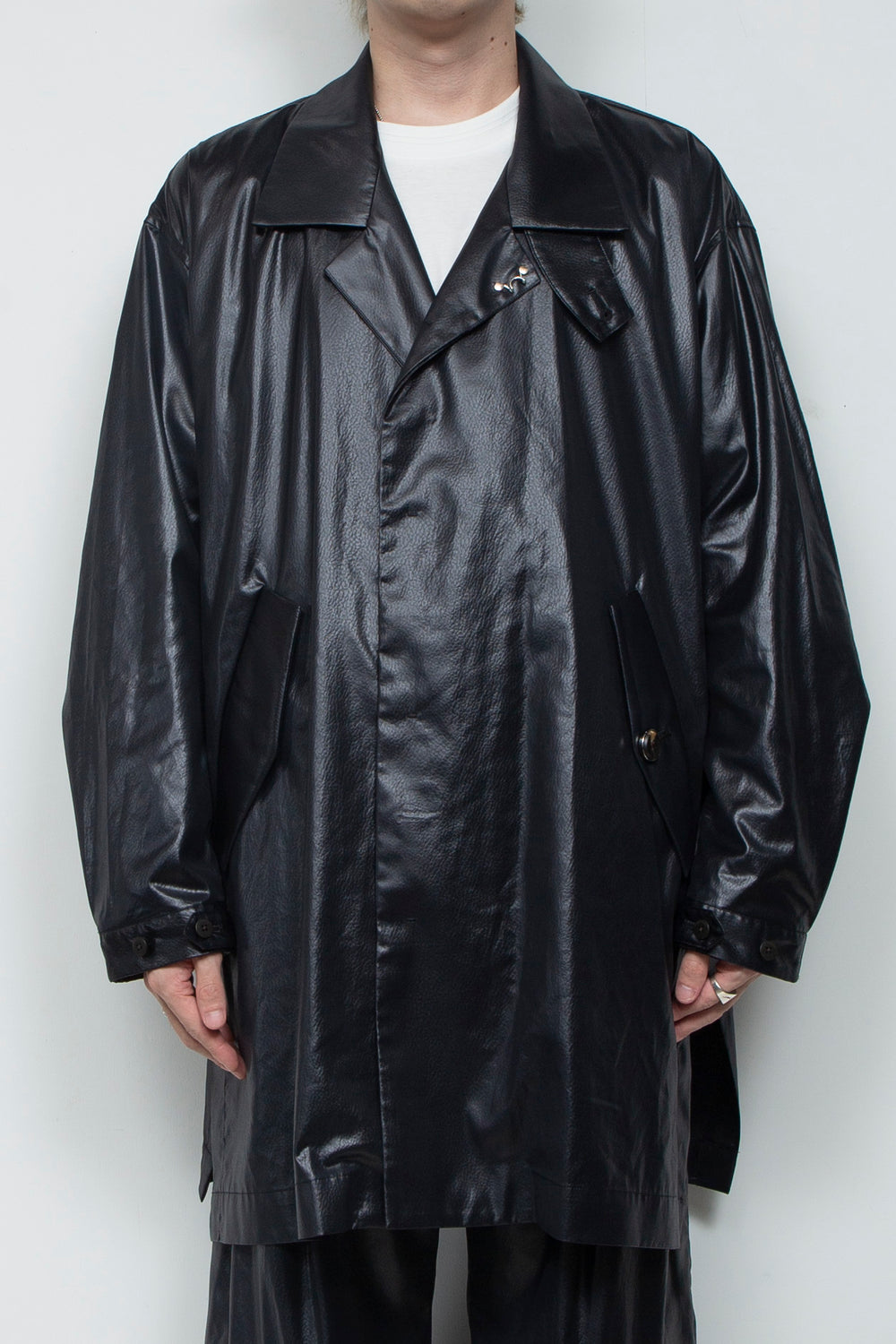 FAKE-FAKE LEATHER II Stand Collar Light Coat BLACK
