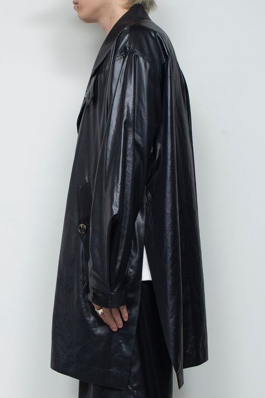 FAKE-FAKE LEATHER II Stand Collar Light Coat BLACK