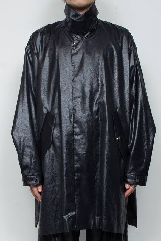 FAKE-FAKE LEATHER II Stand Collar Light Coat BLACK