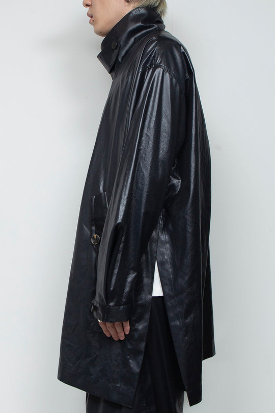 FAKE-FAKE LEATHER II Stand Collar Light Coat BLACK