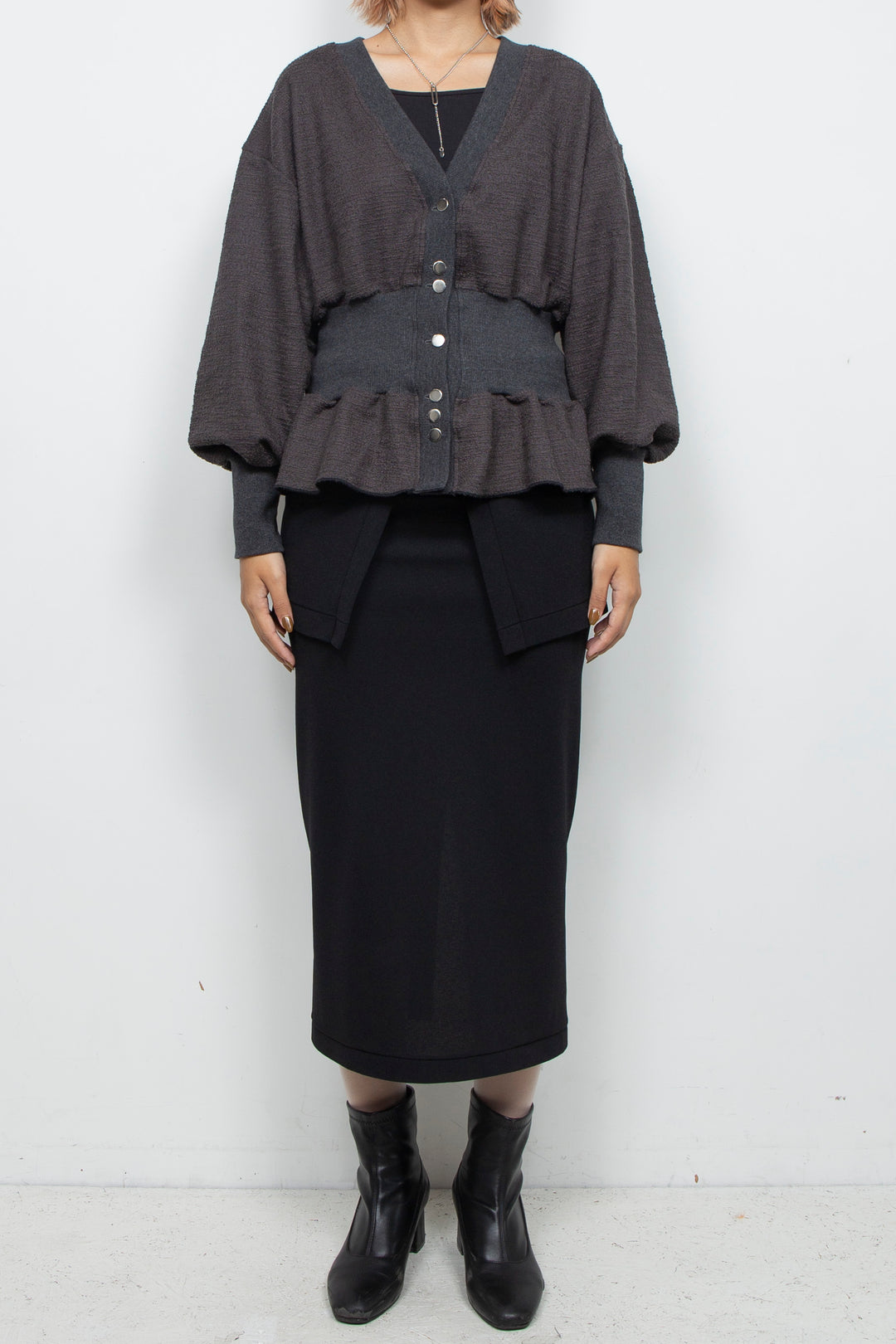 Tweed Jersey Peplum Cardigan Gray