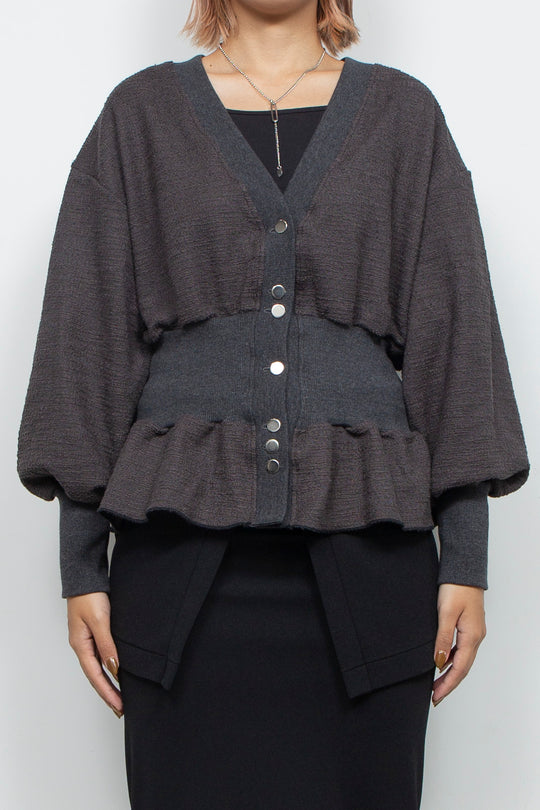 Tweed Jersey Peplum Cardigan Gray