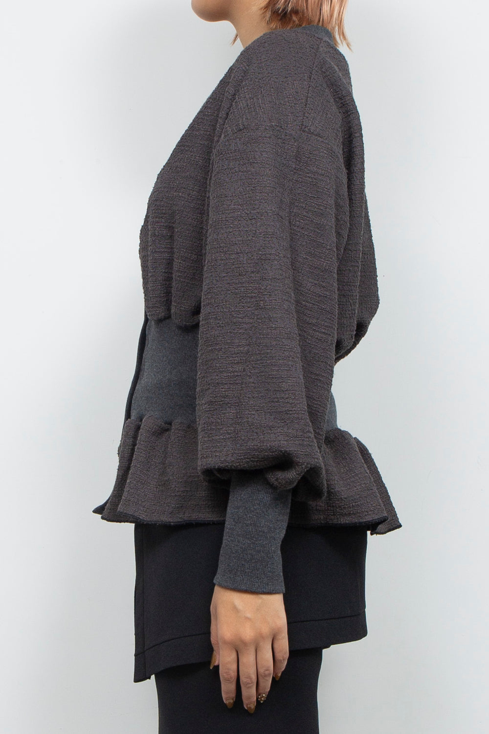 Tweed Jersey Peplum Cardigan Gray
