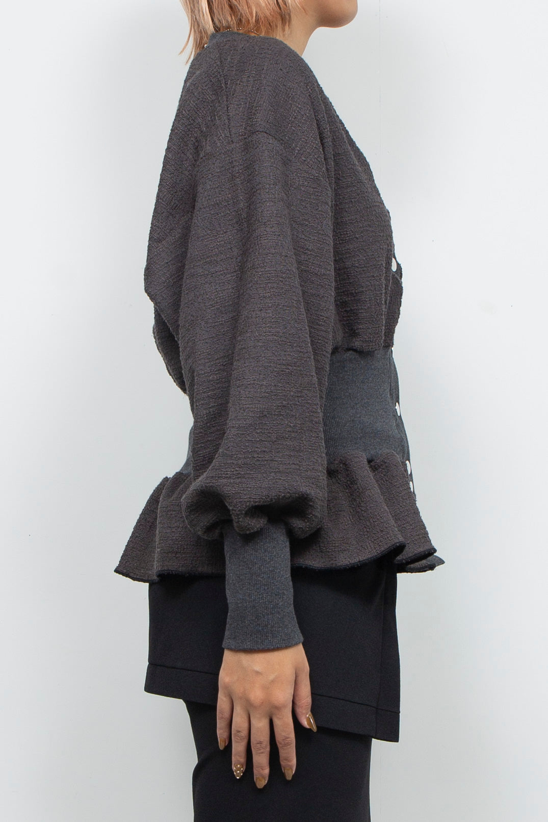 Tweed Jersey Peplum Cardigan Gray