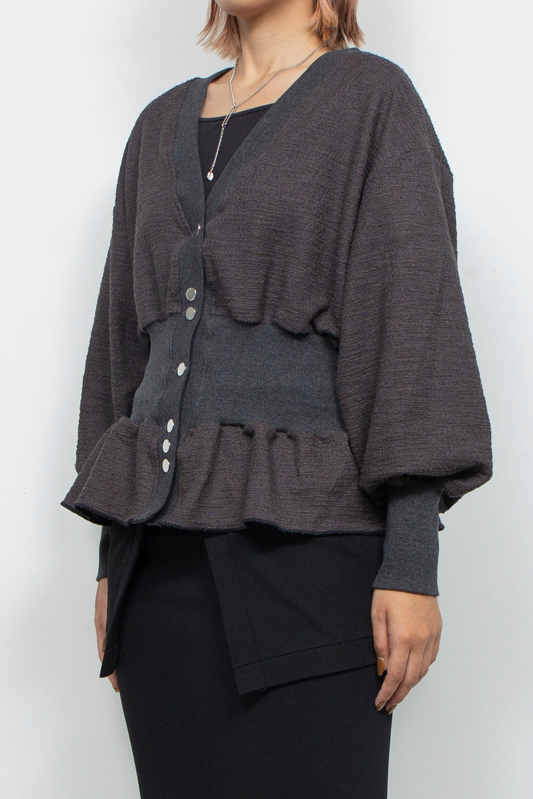 Tweed Jersey Peplum Cardigan Gray
