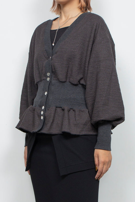 Tweed Jersey Peplum Cardigan Gray