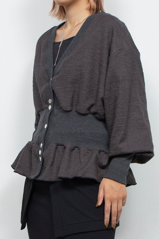 Tweed Jersey Peplum Cardigan Gray