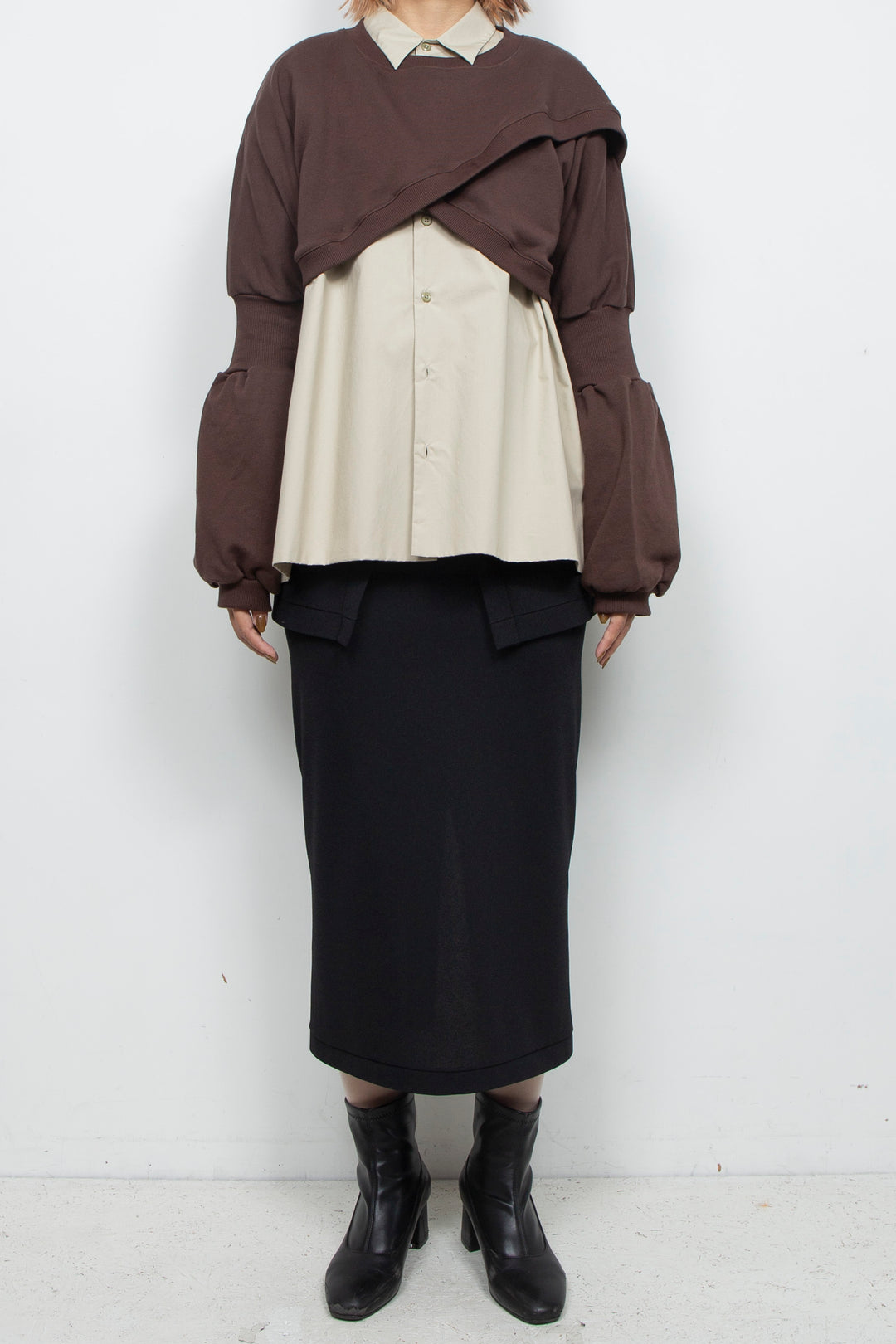 Wing Asymmetric Short Rib Top Brown