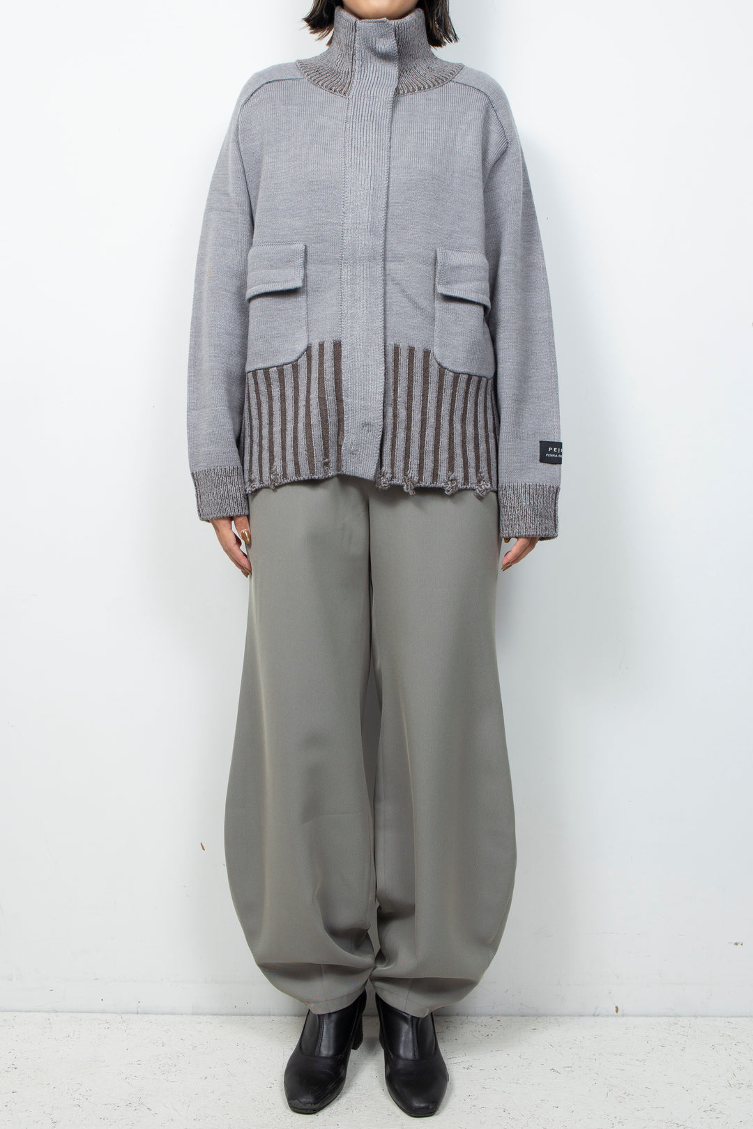 Zip knit coat Deep Gray×Brown