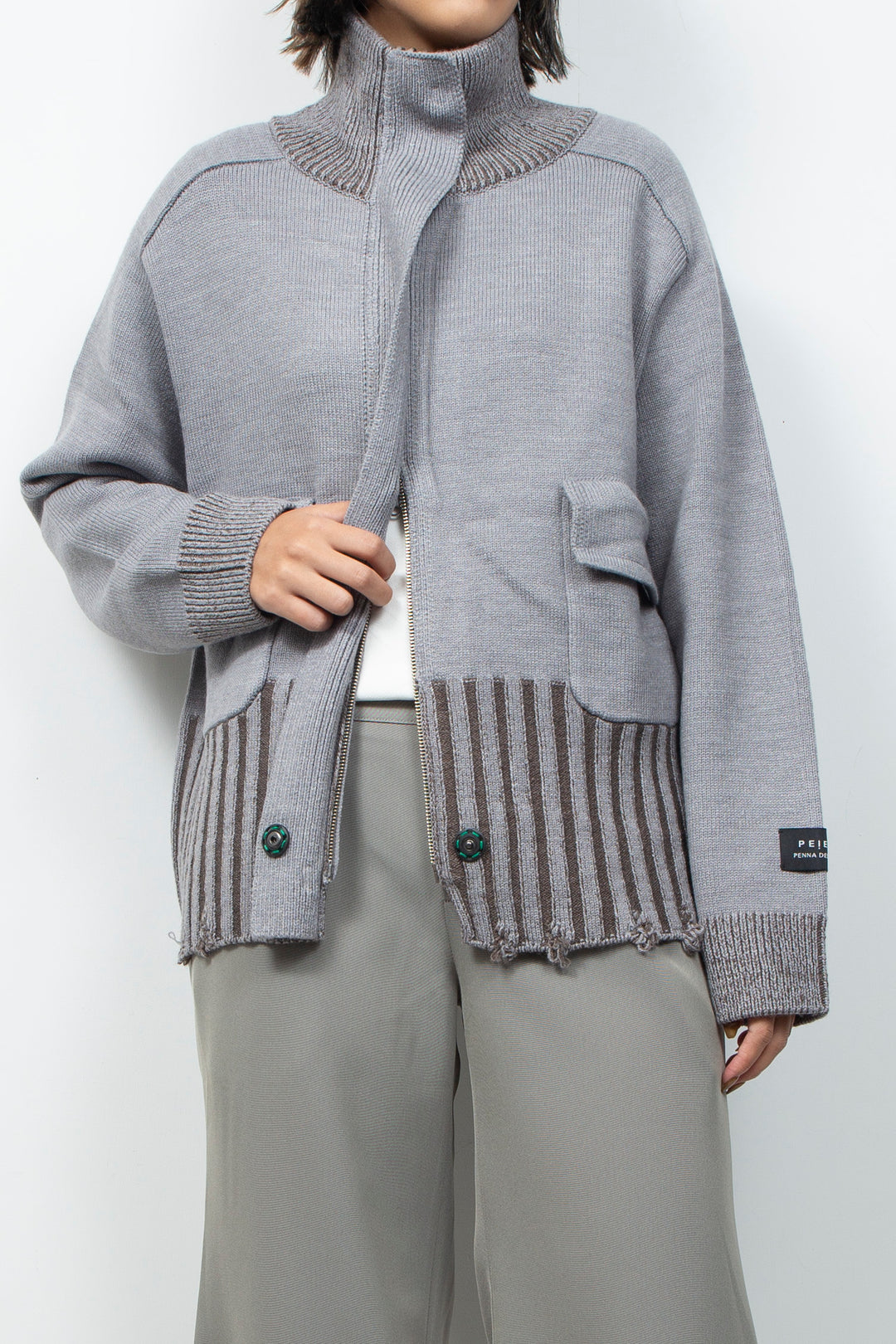Zip knit coat Deep Gray×Brown