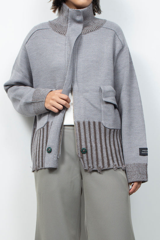 Zip knit coat Deep Gray×Brown