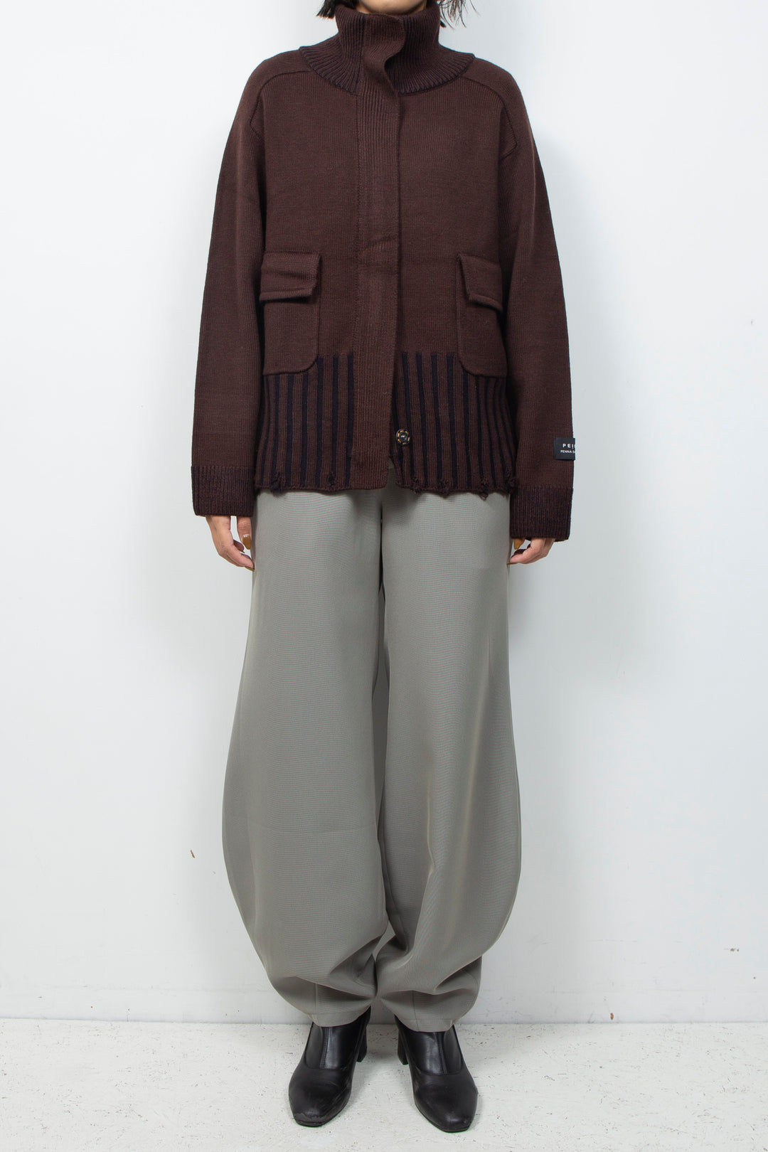 Zip knit coat Deep Red×Navy