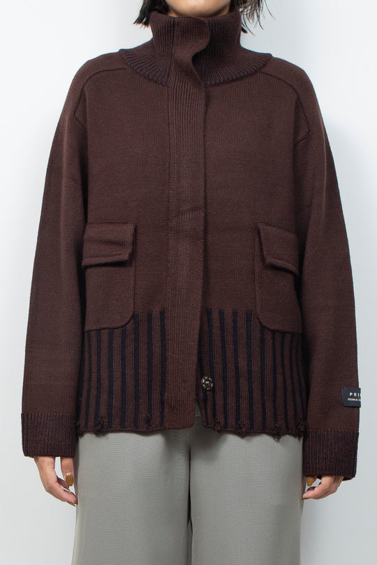 Zip knit coat Deep Red×Navy