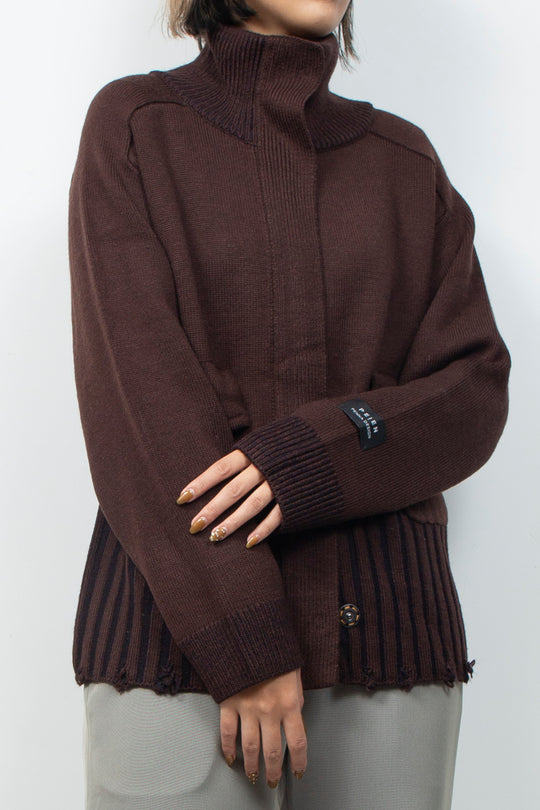 Zip knit coat Deep Red×Navy