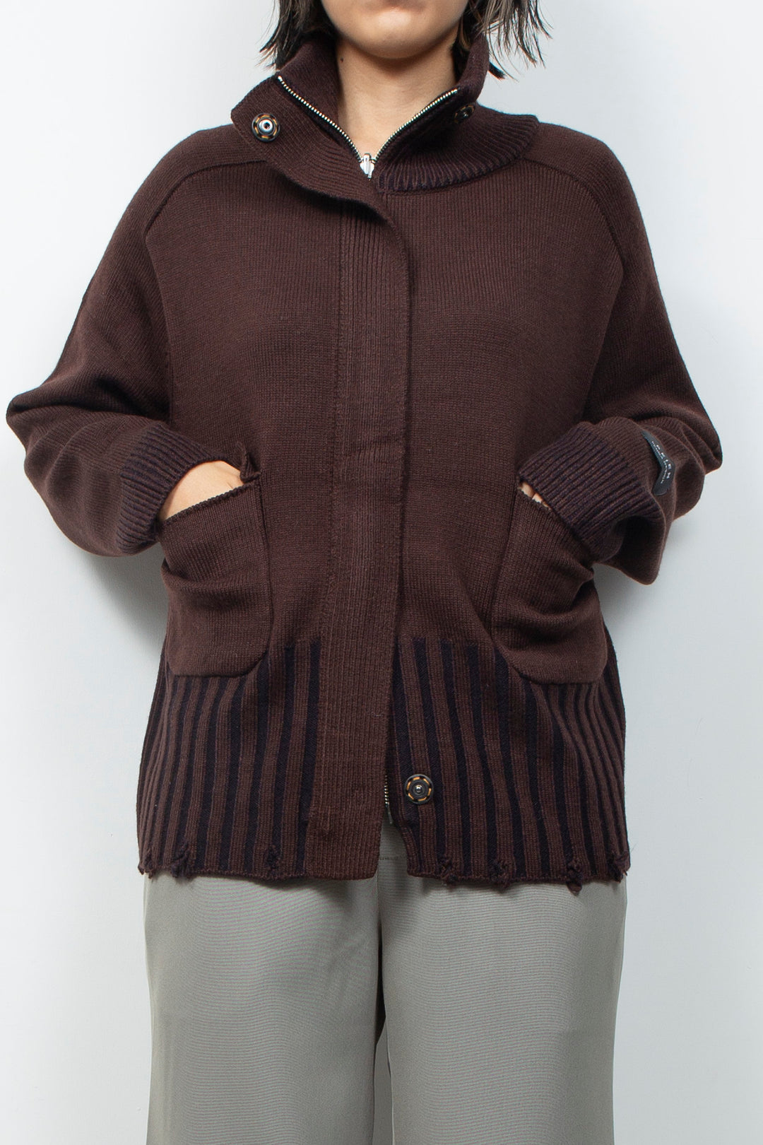 Zip knit coat Deep Red×Navy