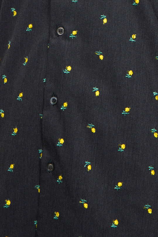 Flower embroidery ribbon blouse gray