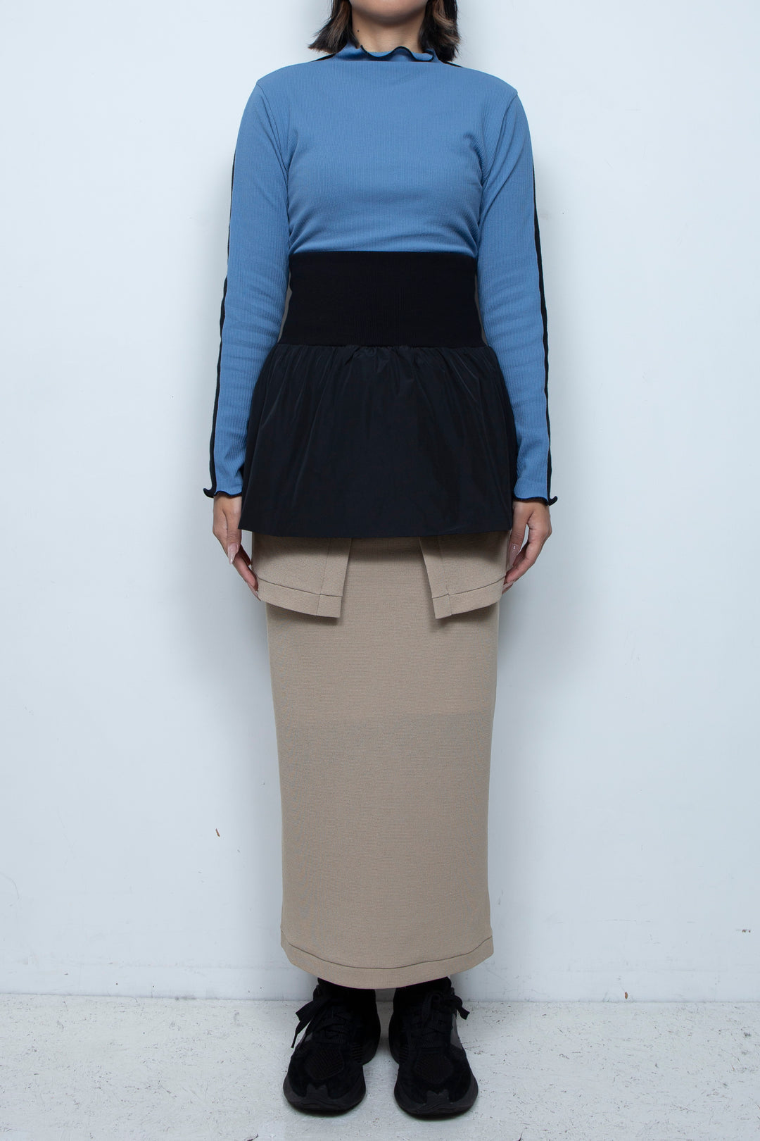 Rib Waist Balloon Skirt Black