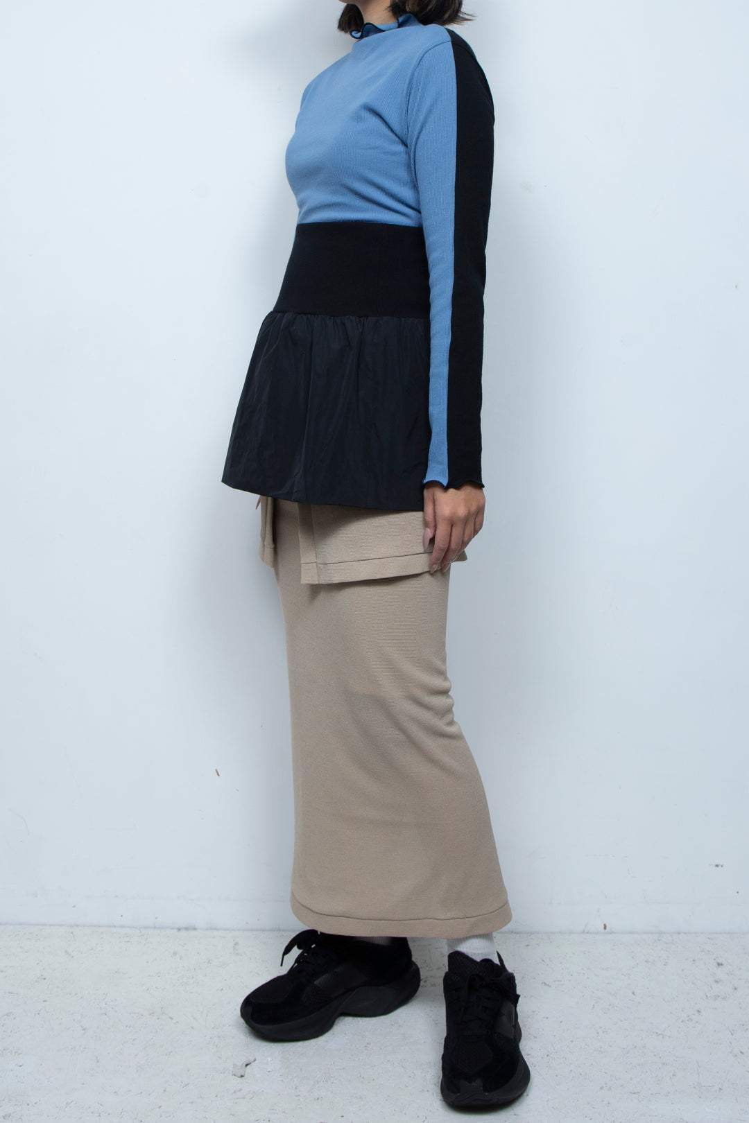 Rib Waist Balloon Skirt Black