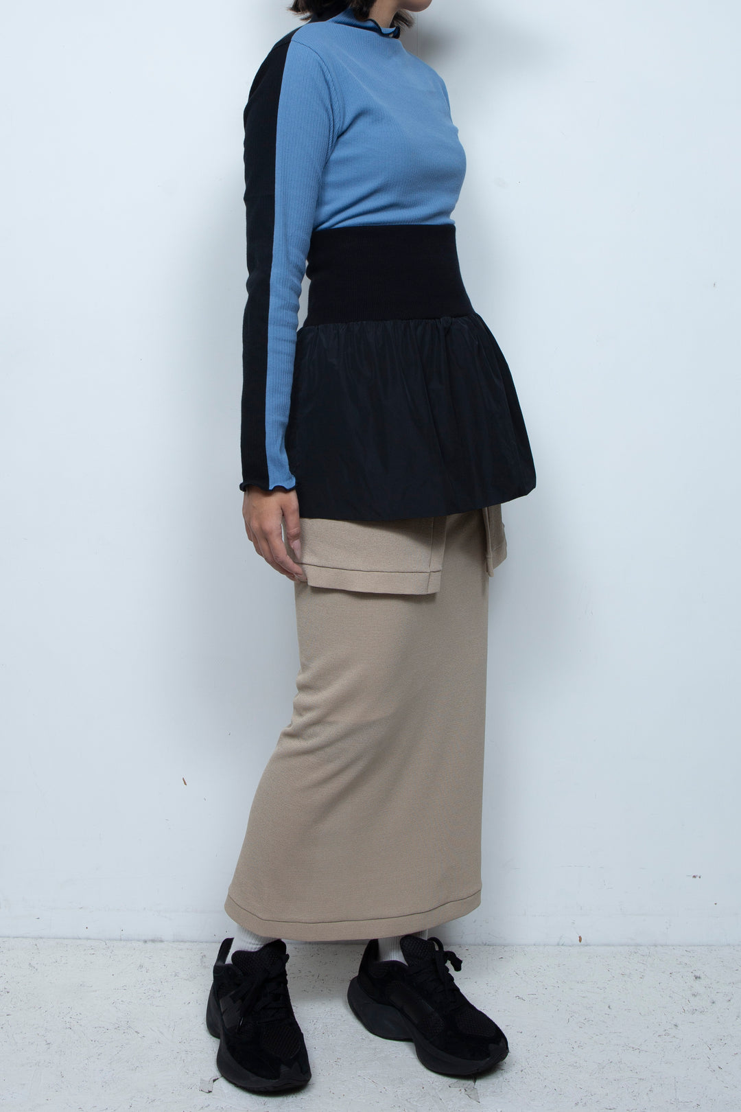 Rib Waist Balloon Skirt Black