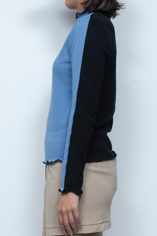 Rib Knit 2Way Bicolor Top Blue / Black