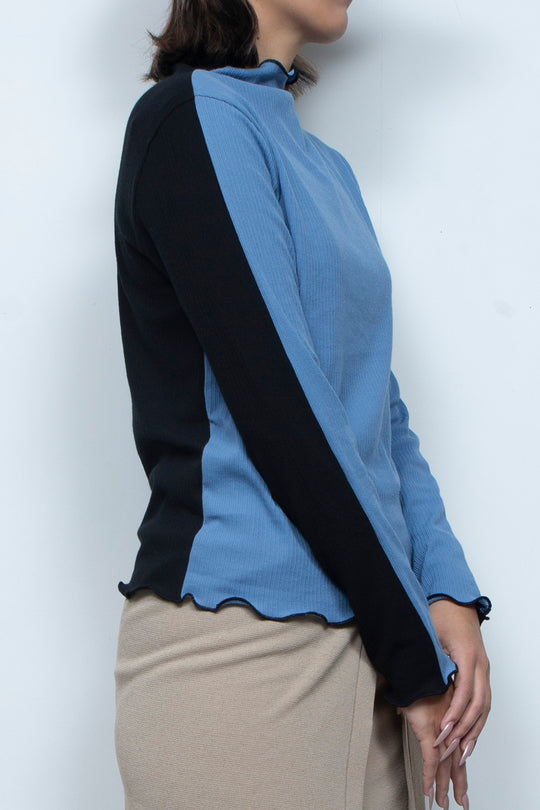 Rib Knit 2Way Bicolor Top Blue / Black