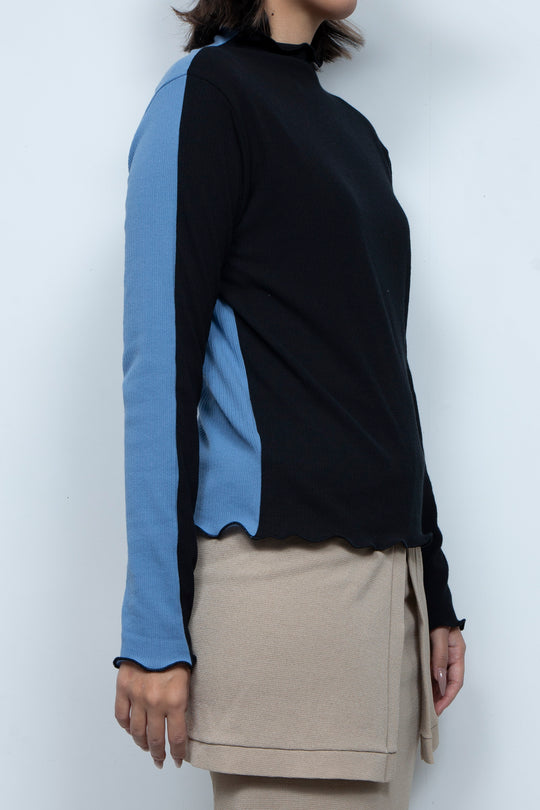 Rib Knit 2Way Bicolor Top Blue / Black