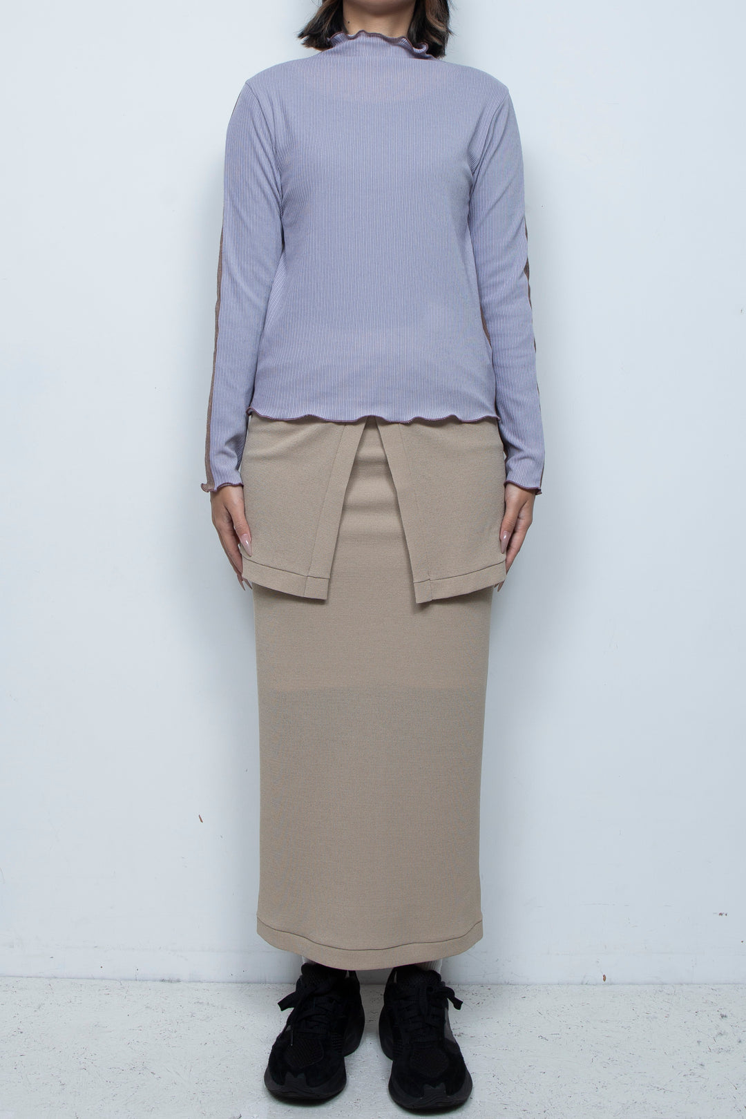 Rib Knit 2Way Bicolor Top Purple / Brown