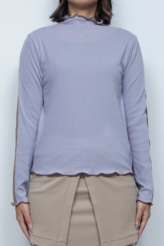 Rib Knit 2Way Bicolor Top Purple / Brown