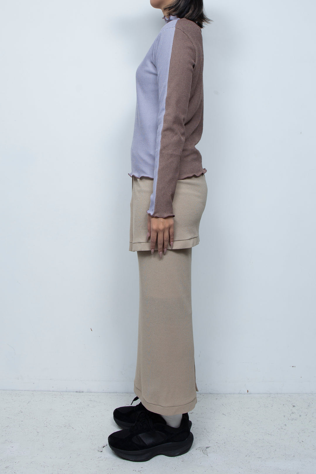 Rib Knit 2Way Bicolor Top Purple / Brown
