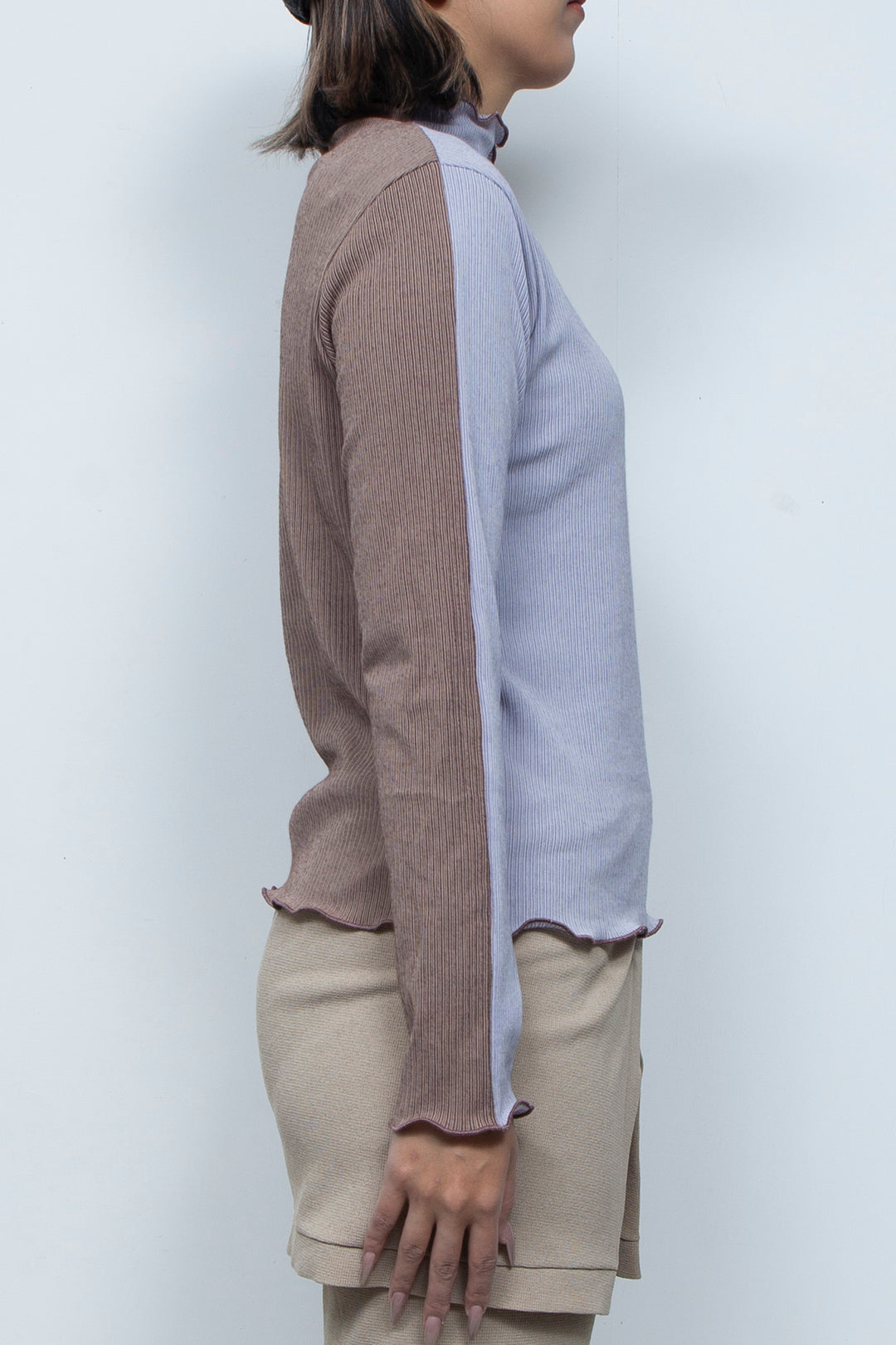 Rib Knit 2Way Bicolor Top Purple / Brown